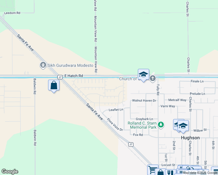 map of restaurants, bars, coffee shops, grocery stores, and more near 6324 East Hatch Road in Hughson