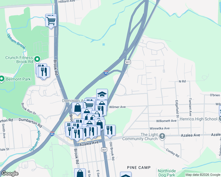 map of restaurants, bars, coffee shops, grocery stores, and more near 5500 Chamberlayne Road in Richmond