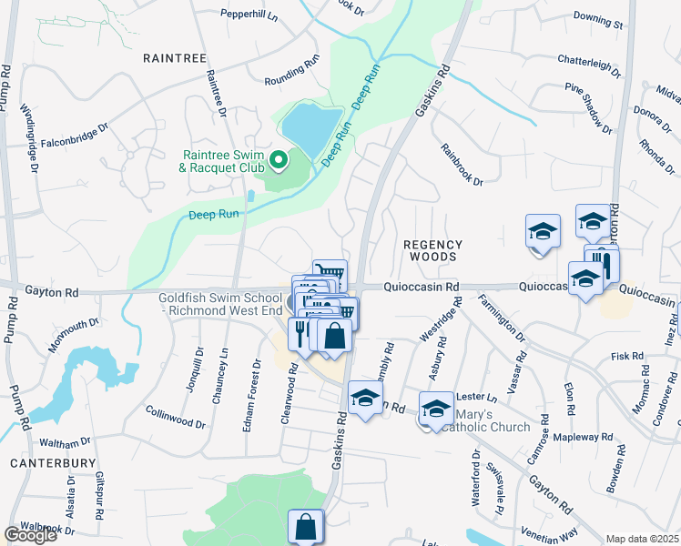map of restaurants, bars, coffee shops, grocery stores, and more near 1506 Heritage Hill Drive in Richmond
