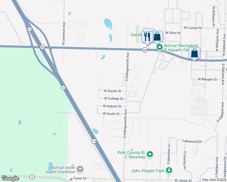 map of restaurants, bars, coffee shops, grocery stores, and more near West Austin Street in Bolivar