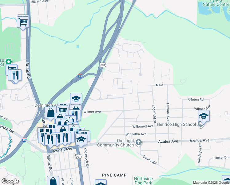 map of restaurants, bars, coffee shops, grocery stores, and more near 5614 Crenshaw Road in Richmond
