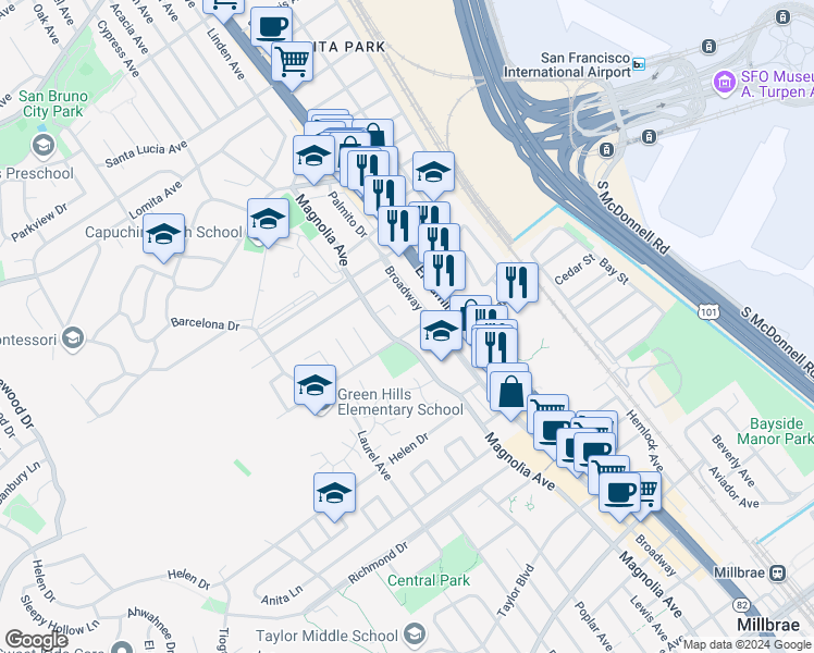 map of restaurants, bars, coffee shops, grocery stores, and more near 220 Ludeman Lane in Millbrae
