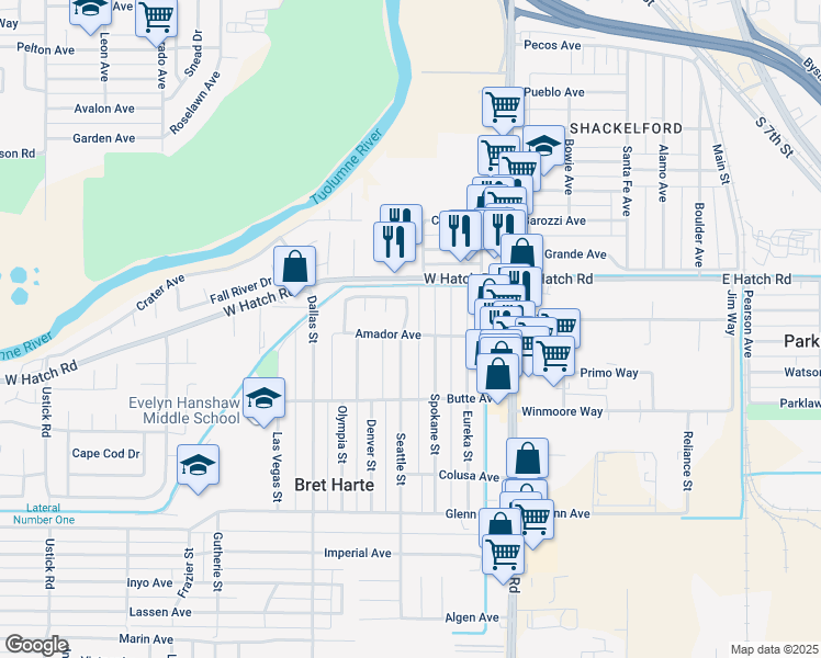 map of restaurants, bars, coffee shops, grocery stores, and more near 321 Amador Avenue in Modesto
