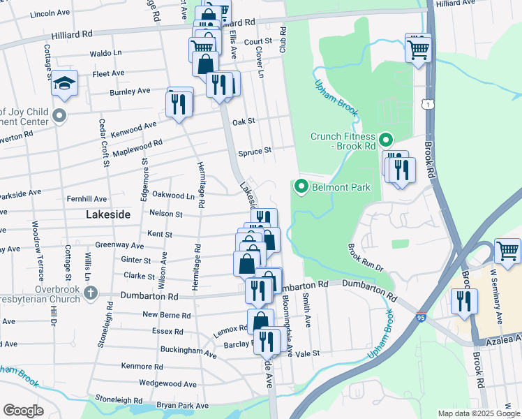 map of restaurants, bars, coffee shops, grocery stores, and more near 5805 Lakeside Avenue in Richmond
