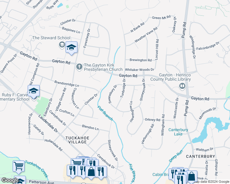 map of restaurants, bars, coffee shops, grocery stores, and more near 1610 Swansbury Drive in Henrico