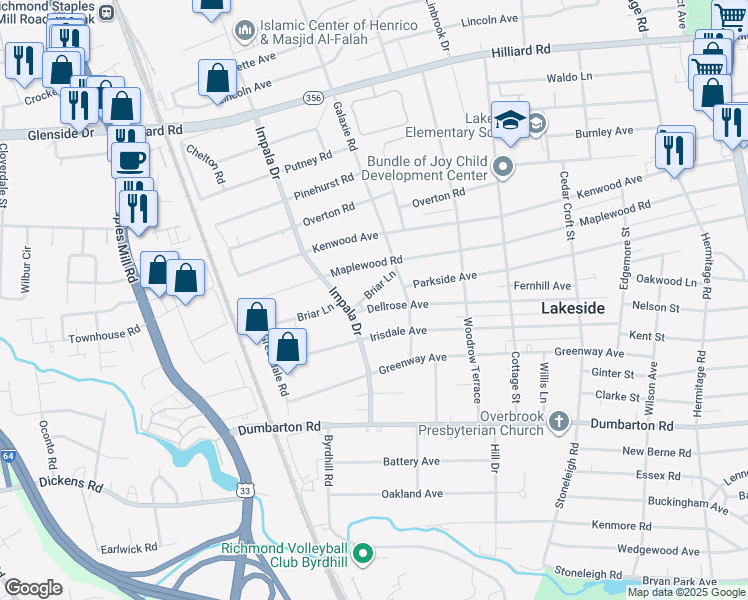 map of restaurants, bars, coffee shops, grocery stores, and more near 2912 Dellrose Avenue in Richmond