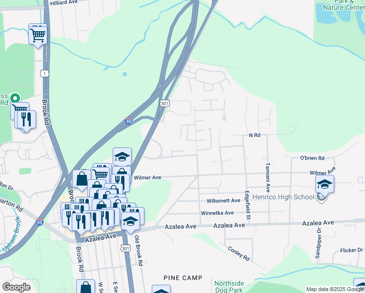 map of restaurants, bars, coffee shops, grocery stores, and more near 5614 Crenshaw Road in Richmond