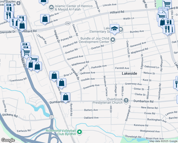 map of restaurants, bars, coffee shops, grocery stores, and more near 2900 Dellrose Avenue in Richmond