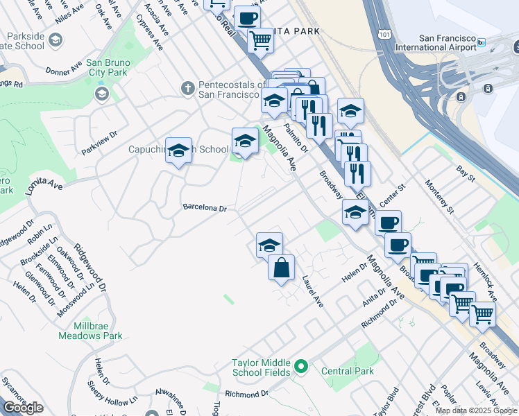 map of restaurants, bars, coffee shops, grocery stores, and more near 359 Millwood Drive in Millbrae