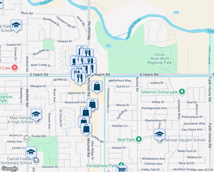 map of restaurants, bars, coffee shops, grocery stores, and more near 1521 Charlottesville Lane in Ceres