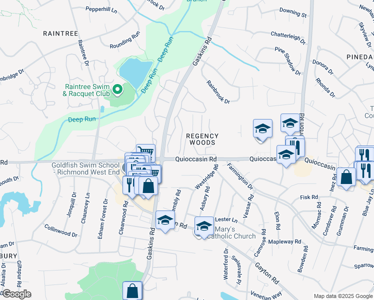 map of restaurants, bars, coffee shops, grocery stores, and more near 1503 Thistle Road in Henrico