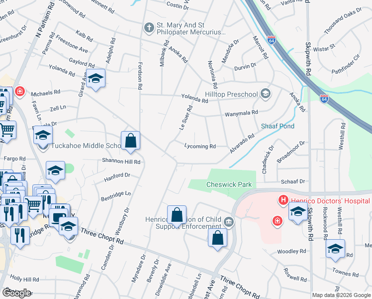 map of restaurants, bars, coffee shops, grocery stores, and more near 7913 Lycoming Road in Richmond