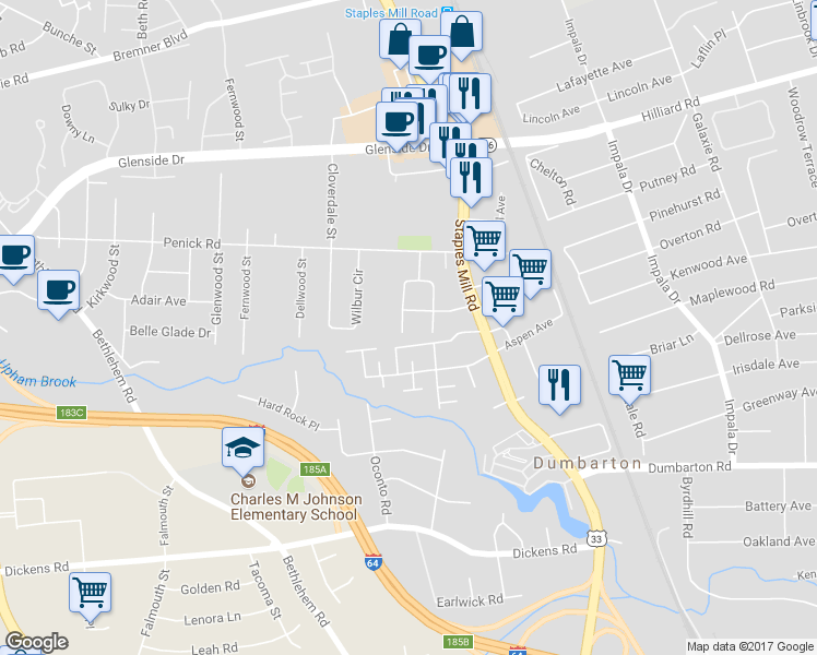 map of restaurants, bars, coffee shops, grocery stores, and more near 6611 West Davista Avenue in Richmond