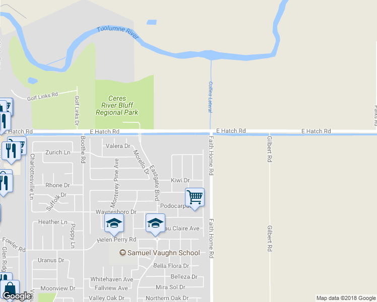 map of restaurants, bars, coffee shops, grocery stores, and more near 3911 Bougainvillea Drive in Ceres