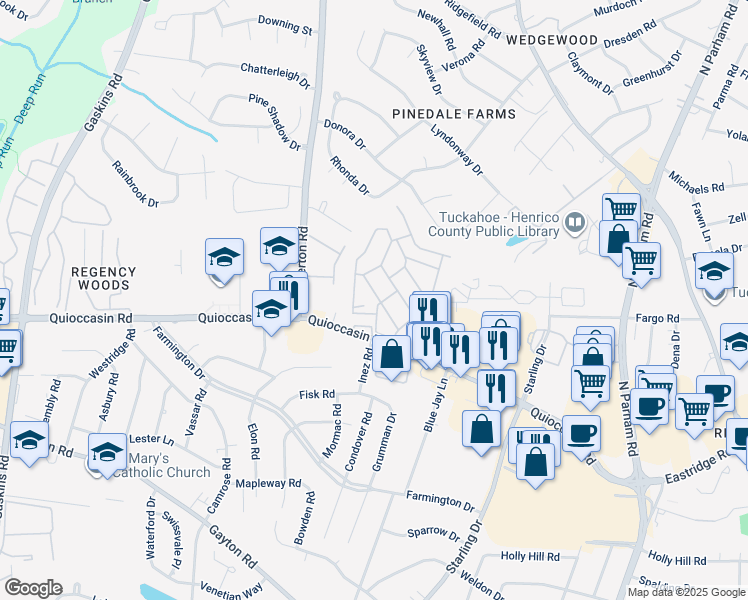 map of restaurants, bars, coffee shops, grocery stores, and more near 11 Premier Drive in Henrico