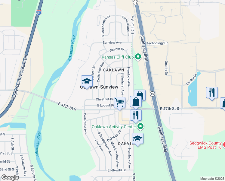 map of restaurants, bars, coffee shops, grocery stores, and more near 4604 South Brookhaven Street in Wichita