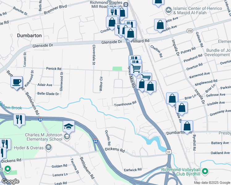 map of restaurants, bars, coffee shops, grocery stores, and more near 6611 West Davista Avenue in Richmond