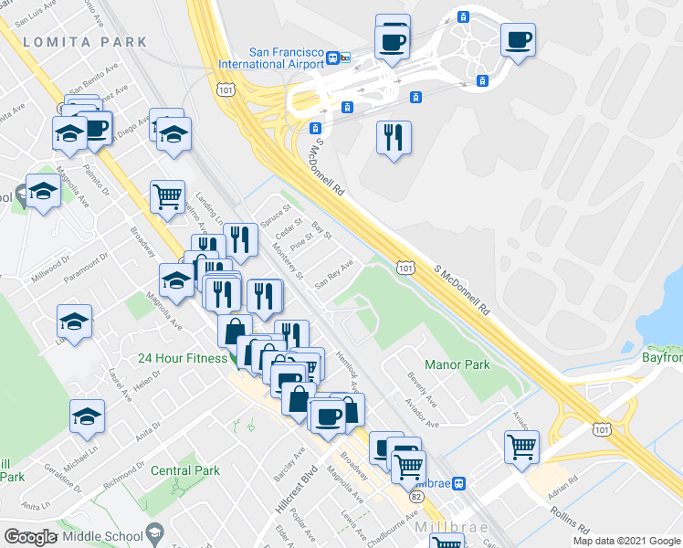 map of restaurants, bars, coffee shops, grocery stores, and more near 333 San Rey Avenue in Millbrae