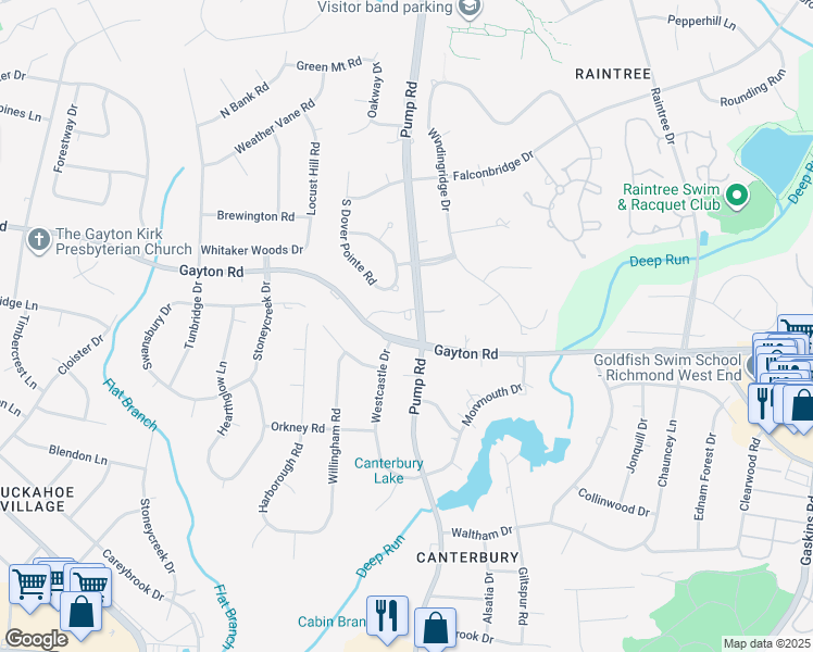 map of restaurants, bars, coffee shops, grocery stores, and more near 10600 Gayton Road in Richmond