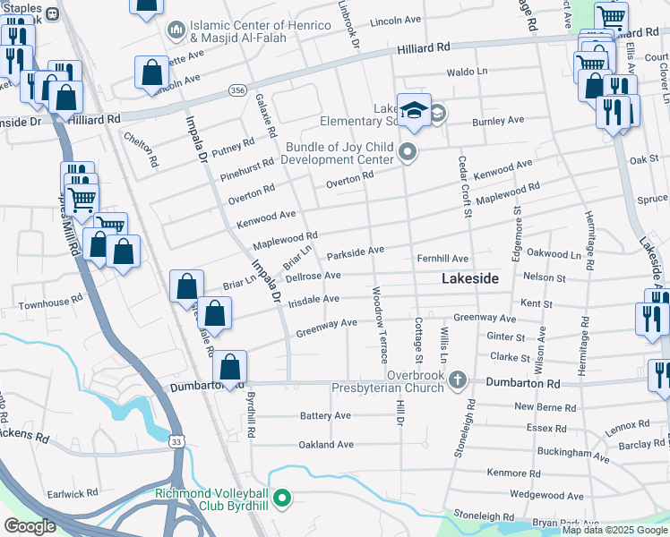 map of restaurants, bars, coffee shops, grocery stores, and more near 2900 Dellrose Avenue in Richmond