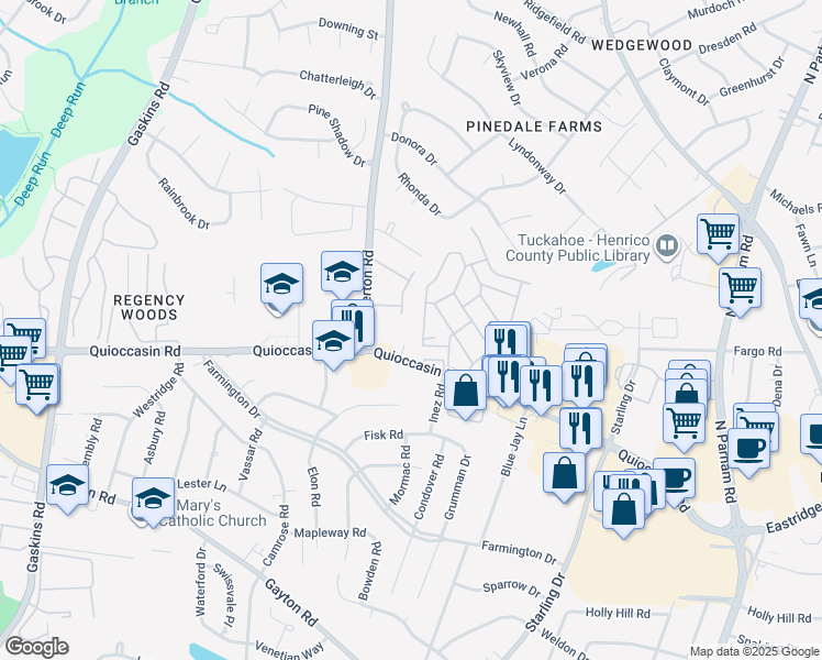 map of restaurants, bars, coffee shops, grocery stores, and more near 9214 Quioccasin Road in Richmond