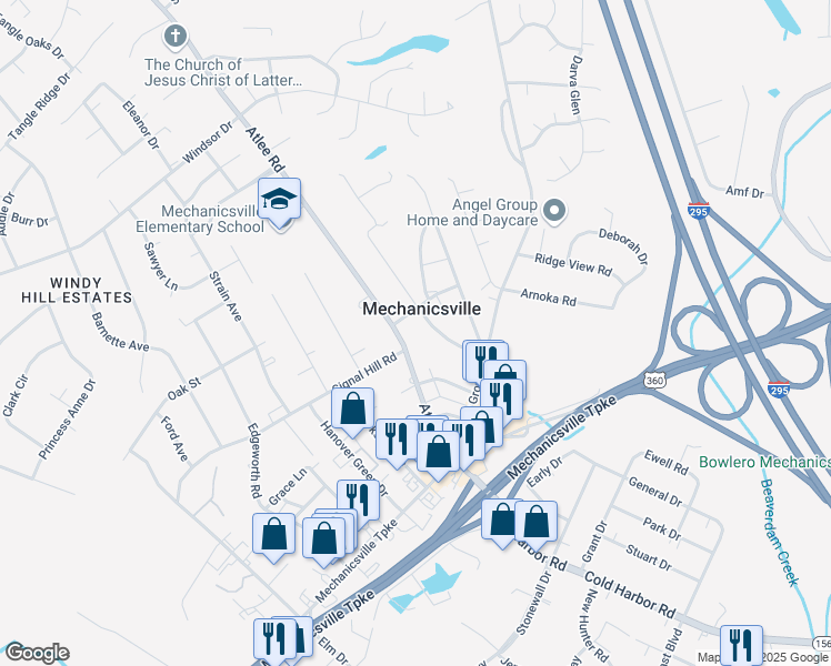 map of restaurants, bars, coffee shops, grocery stores, and more near 7356 Atlee Road in Mechanicsville
