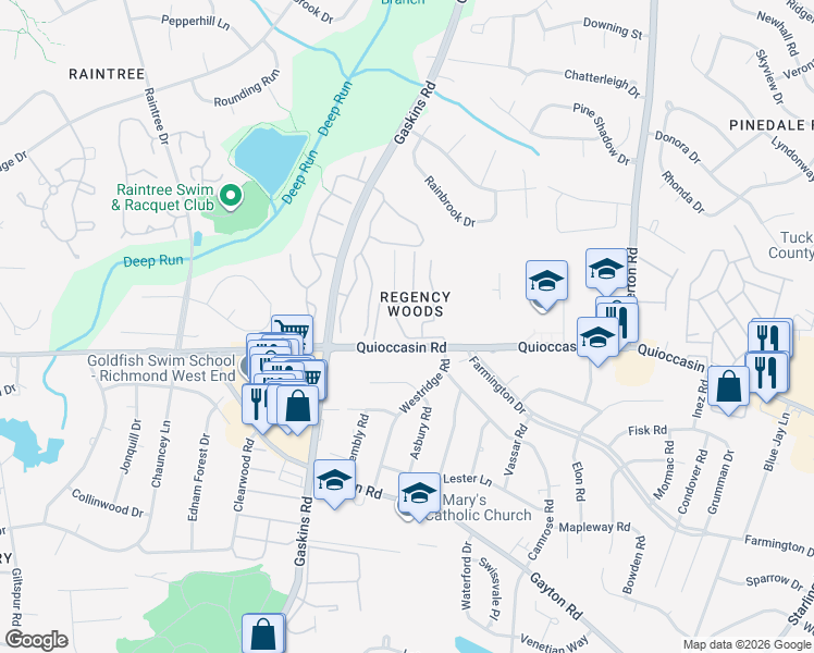 map of restaurants, bars, coffee shops, grocery stores, and more near 1503 Regency Woods Road in Richmond