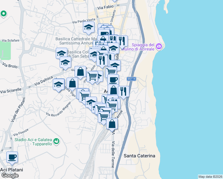 map of restaurants, bars, coffee shops, grocery stores, and more near 71 Via Vittorio Emanuele II in Acireale