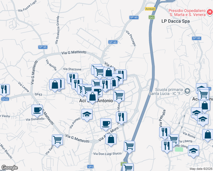 map of restaurants, bars, coffee shops, grocery stores, and more near 28 Via Marco Polo in Aci Sant'Antonio