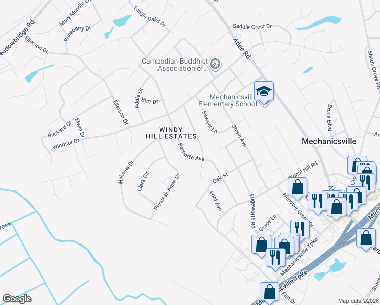 map of restaurants, bars, coffee shops, grocery stores, and more near 7370 Barnette Avenue in Mechanicsville