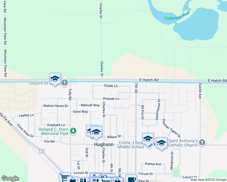 map of restaurants, bars, coffee shops, grocery stores, and more near 1604 Symphony Ct in Hughson