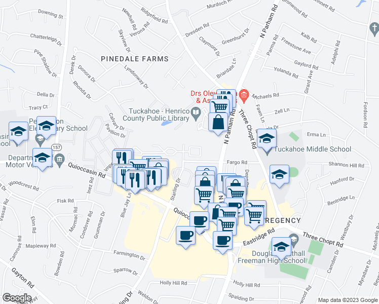 map of restaurants, bars, coffee shops, grocery stores, and more near 9174 East Cloisters in Henrico