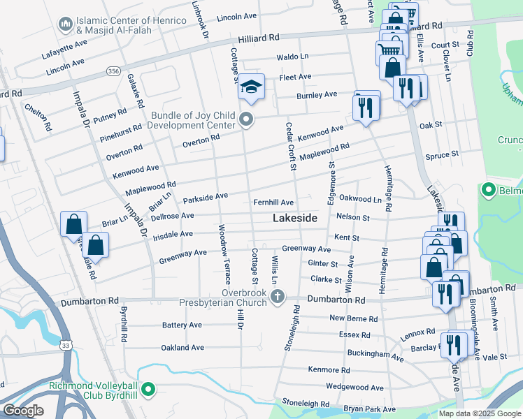 map of restaurants, bars, coffee shops, grocery stores, and more near 2624 Dellrose Avenue in Richmond