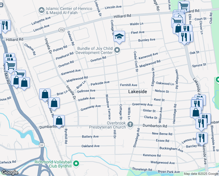 map of restaurants, bars, coffee shops, grocery stores, and more near 2714 Dellrose Avenue in Henrico