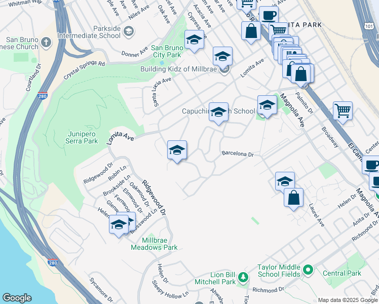 map of restaurants, bars, coffee shops, grocery stores, and more near 740 Barcelona Drive in Millbrae