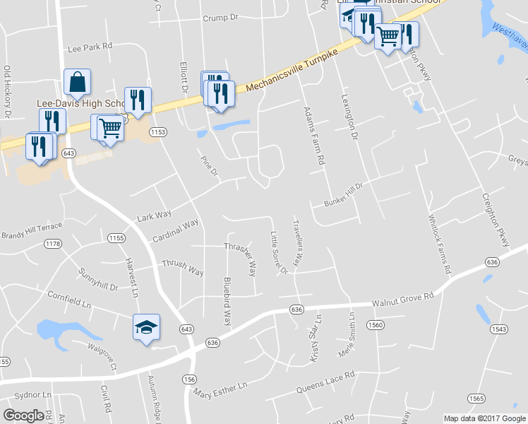 map of restaurants, bars, coffee shops, grocery stores, and more near 6408 Little Sorrel Drive in Mechanicsville