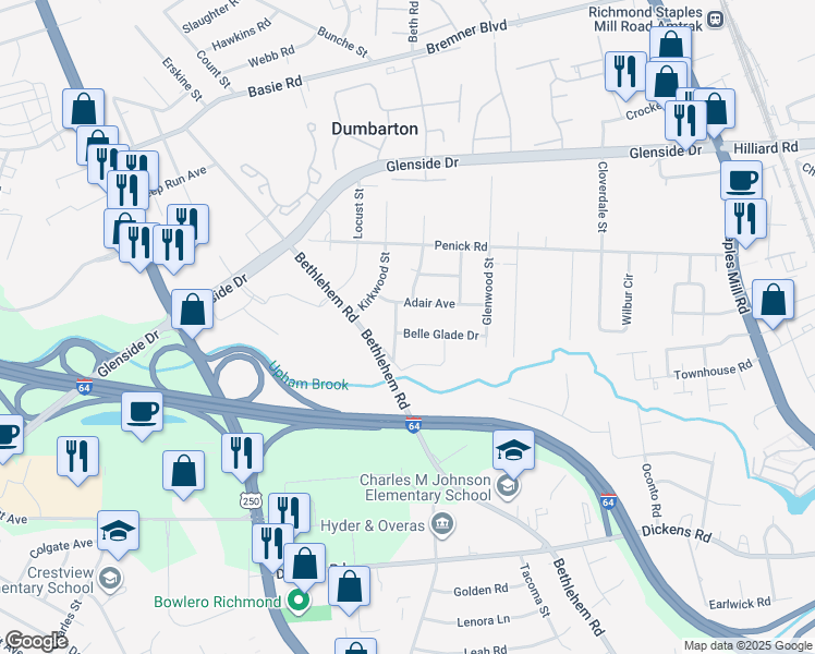 map of restaurants, bars, coffee shops, grocery stores, and more near 4826 Belle Glade Drive in Richmond