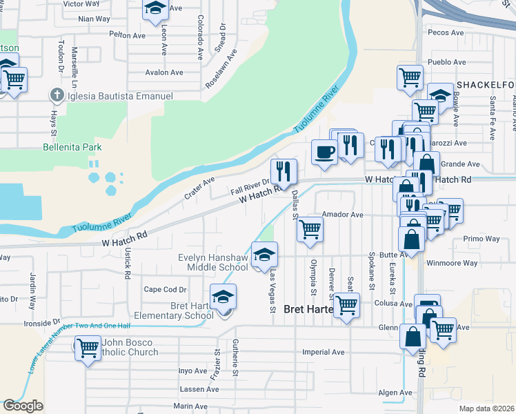 map of restaurants, bars, coffee shops, grocery stores, and more near 1509 El Dorado Avenue in Modesto