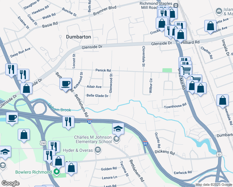 map of restaurants, bars, coffee shops, grocery stores, and more near 6614 Fernwood Street in Richmond