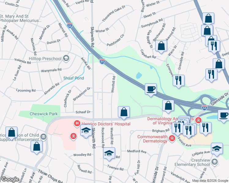 map of restaurants, bars, coffee shops, grocery stores, and more near 1801 Westhill Road in Richmond
