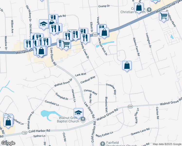 map of restaurants, bars, coffee shops, grocery stores, and more near 6449 Lark Way in Mechanicsville