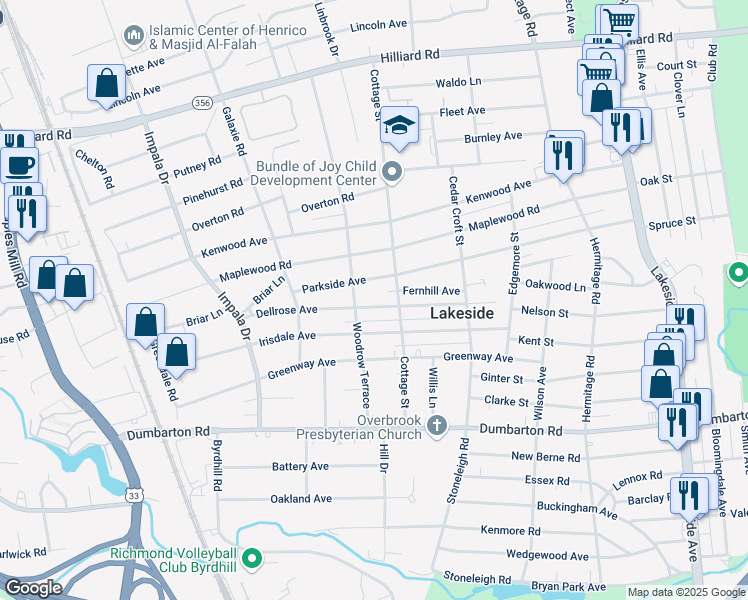 map of restaurants, bars, coffee shops, grocery stores, and more near 2714 Dellrose Avenue in Henrico