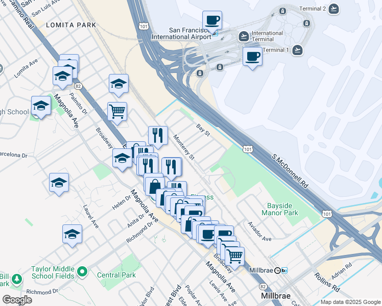 map of restaurants, bars, coffee shops, grocery stores, and more near 300 San Pablo Avenue in Millbrae