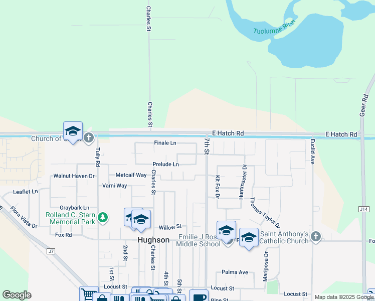 map of restaurants, bars, coffee shops, grocery stores, and more near 7217 Rhapsody Ln in Hughson