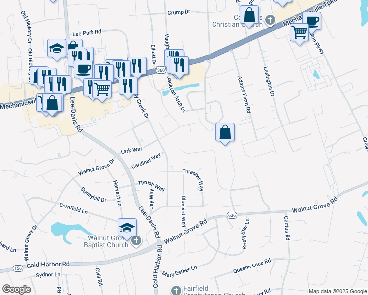 map of restaurants, bars, coffee shops, grocery stores, and more near 6440 Little Sorrel Drive in Mechanicsville