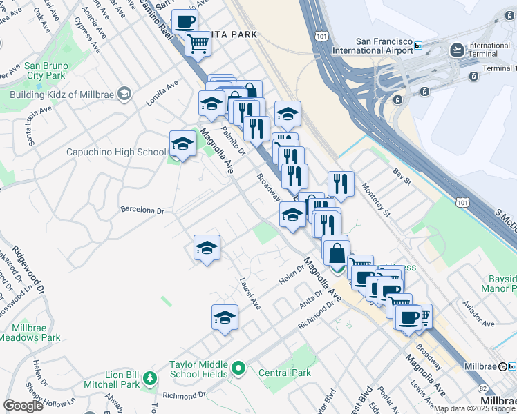 map of restaurants, bars, coffee shops, grocery stores, and more near 220 Ludeman Lane in Millbrae