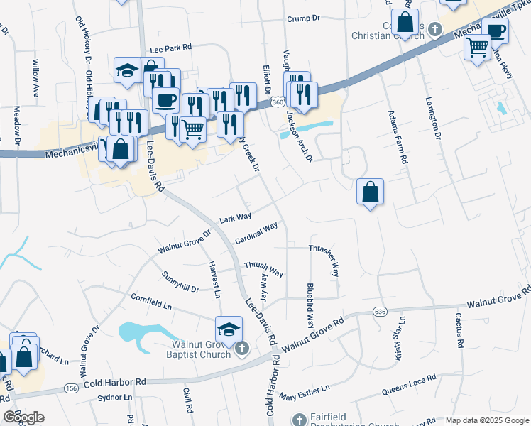 map of restaurants, bars, coffee shops, grocery stores, and more near 6449 Lark Way in Mechanicsville