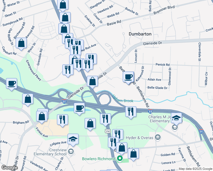 map of restaurants, bars, coffee shops, grocery stores, and more near 6811 Paragon Place in Richmond