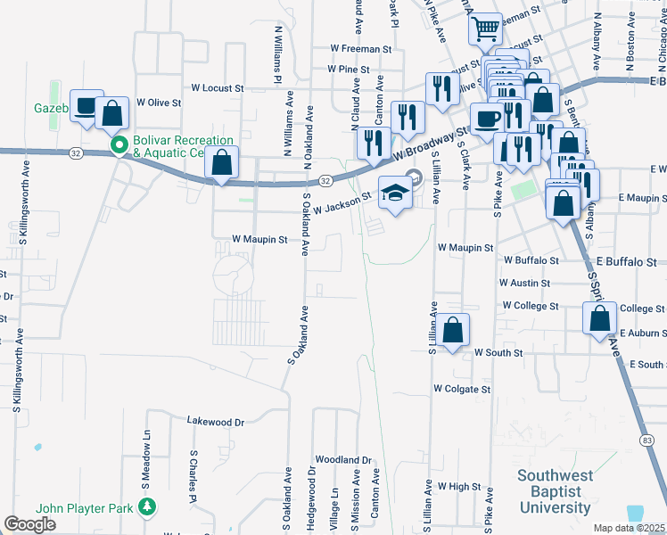 map of restaurants, bars, coffee shops, grocery stores, and more near 915 West College Street in Bolivar