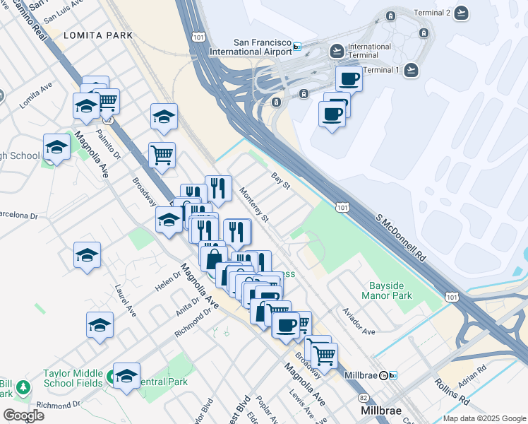 map of restaurants, bars, coffee shops, grocery stores, and more near 300 San Pablo Avenue in Millbrae